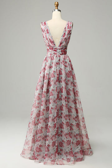 Robe de demoiselle d’honneur longue florale grise et rose